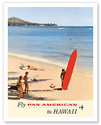 Fly Pan American to Hawaii - Pan American Airways - Surfer at the beach - Giclée Art Prints & Posters