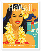 Delta Air Lines Hawaii - Woman with Lei & Surfer - Giclée Art Prints & Posters