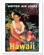 Hawaii - United Air Lines - Native Girl with Tropical Fruits - Fine Art Prints & Posters