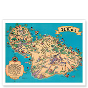 Hawaiian Island Of Maui - Vintage Colored Cartographic Map by Hawaii Tourist Bureau - Giclée Art Prints & Posters