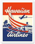 Hawaiian Airlines - Hawaiians in Outrigger Canoe (Wa'a) - c. 1940's - Fine Art Prints & Posters