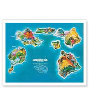 Hawaii Islands Route Map - Hawaiian Air Lines - Vintage Pictorial Map c.1961 - Fine Art Prints & Posters