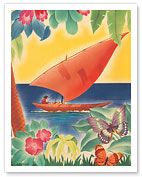 Tropical Flowers, Sailboat and Butterflies - Moore-McCormack Lines - c. 1949 - Fine Art Prints & Posters