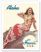 Aloha from Hawaii USA - Red Dress Girl - c. 1941 - Fine Art Prints & Posters