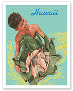 Hawaii - Hawaiian Boy with Fish in Ti Leaves c. 1941 - Fine Art Prints & Posters