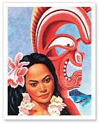 Hawaiian Girl and Feather War God Tiki - American President Lines - Fine Art Prints & Posters