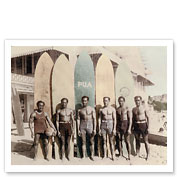 Hawaiian Duke Kahanamoku and his Brothers with Surfboards at Waikiki Beach, Hawaii - Giclée Art Prints & Posters