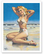 Yours For the Basking - Blonde Swimsuit Beauty on Beach - c. 1940's - Fine Art Prints & Posters