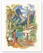 Moorea, Tahiti - Sailboat, Islanders and Mount Rotui - c. 1957 - Fine Art Prints & Posters