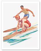 Surfing - Surfer Couple Sharing a Wave - c. 1930's - Fine Art Prints & Posters
