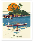 Hawaii - SS Malolo Menu Cover - Hawaiian Fishermen and Outrigger - c. 1929 - Fine Art Prints & Posters
