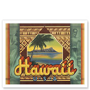 Hawaii, USA - Hawaiian Hula Dancer, Surfer & Diamond Head - c. 1937 - Fine Art Prints & Posters