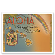 Aloha Hawaiian Islands - Rainbow State - Map of Hawaii - c. 1944 - Fine Art Prints & Posters