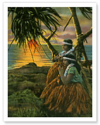 Sunset Hilo, T.H. Territory of Hawaii - Native Hawaiian Hula Girls Playing Ukelele - Fine Art Prints & Posters