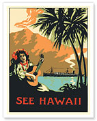 See Hawaii - San Francisco Honolulu - Direct to Volcano - Hawaiian Girl Playing Ukulele - c. 1915 - Fine Art Prints & Posters