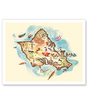 Map of Oahu, Hawaii - Illustrated Map - c. 1953 - Fine Art Prints & Posters