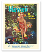 Hawaii - by Flying Clipper - Pan American World Airways - Hawaiian Rainforest Girl - c. 1970's - Fine Art Prints & Posters