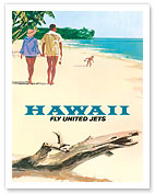 Hawaii - Fly United Jets - United Air Lines - Walking on the Beach - Fine Art Prints & Posters