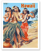 Hawaii - Hawaiian Hula Dancers at the Beach - Fine Art Prints & Posters