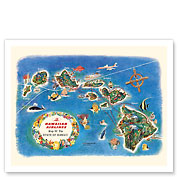 Pictorial Map of the State of Hawaii - Hawaiian Airlines Route Map - Fine Art Prints & Posters