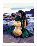 Grateful, Hula Girl with Ipu Drum, Hawaii - Giclée Art Prints & Posters