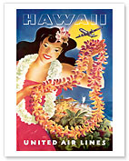 Hawaii, United Air Lines, Hawaiian Girl with Leis - Fine Art Prints & Posters