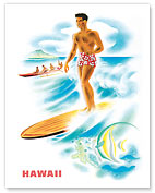 Surfer and Outrigger in Waikiki, Hawaii - Fine Art Prints & Posters