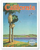Santa Fe Railroad, California, Coastline and Spanish Mission - Giclée Art Prints & Posters