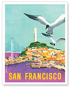 San Francisco, California - Coit Tower, Wharf and Bay Bridge - c. 1950's - Giclée Art Prints & Posters