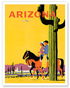 Arizona - Horse Riding, Saguaro Cactus, State Flower of Arizona - c. 1960's - Giclée Art Prints & Posters