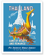 Thailand by Clipper - Land of Beauty and Romance - Royal Barge - Wat Arun - Pan American World Airways - Giclée Art Prints & Posters