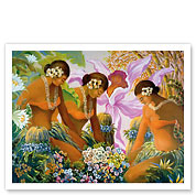 Hawaiian Hula, Women with Tropical Flowers - Giclée Art Prints & Posters