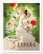 España (Spain) - Flamenco Dancer with Fountain and Birds - Fine Art Prints & Posters