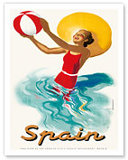 Spain - Spanish Woman Bather with Beach Ball - Fine Art Prints & Posters