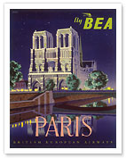 Paris - Notre Dame Cathedral by Moonlight - Fly BEA (British European Airways) - Fine Art Prints & Posters