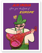 Air India - Offers you the Heart of Europe - Air India's Mascot Maharajah in Bavarian Lederhosen - Fine Art Prints & Posters