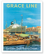 Caribbean - South America Cruises - Willemstad Harbour, Curaçao, West Indies - Grace Line - Fine Art Prints & Posters