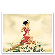 Wahine in Red, Hawaiian Woman with Outrigger Canoe - Fine Art Prints & Posters