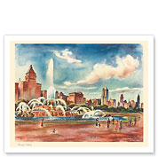Chicago Skyline - Buckingham Fountain - United Air Lines Calendar Page - Fine Art Prints & Posters