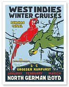 West Indies - Winter Cruises - Panama Canal - North German Lloyd NDL - Red and Green Parrots - c. 1913 - Fine Art Prints & Posters