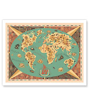 Map of World - TAI Airlines (Transports Aériens Intercontinenteaux) - Giclée Art Prints & Posters