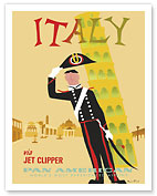 Italy via Jet Clipper - Pan American World Airways - Italian Carabinieri Policeman and the Leaning Tower of Pisa - Giclée Art Prints & Posters