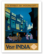 Visit India - A Street by Moonlight - Street Scene with Ox Cart - Fine Art Prints & Posters