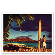 Outrigger & Diamond Head, Surfer, Oahu, Hawaii - Giclée Art Prints & Posters