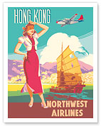 Hong Kong - Northwest Airlines - Boeing 377 Stratocruiser - Chinese Junk - Fine Art Prints & Posters