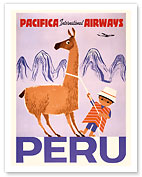 Peru - Pacifica International Airways - Native Boy with Llama - c. 1950's - Giclée Art Prints & Posters