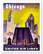 Chicago - United Air Lines - The Tribune Tower, Wrigley Building, and Michigan Ave. Bridge - Fine Art Prints & Posters