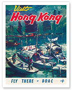 Visit Hong Kong - Fly There by BOAC - Chinese Junket Boats in Hong Kong Harbor - Giclée Art Prints & Posters