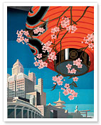 Tokyo, Japan - Red Paper Lantern with Cherry Blossoms - c. 1930's - Fine Art Prints & Posters