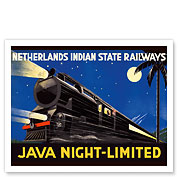 Java, Dutch East Indies - Java Night-Limited - Netherlands Indian State Railways - Train and Moon - Fine Art Prints & Posters